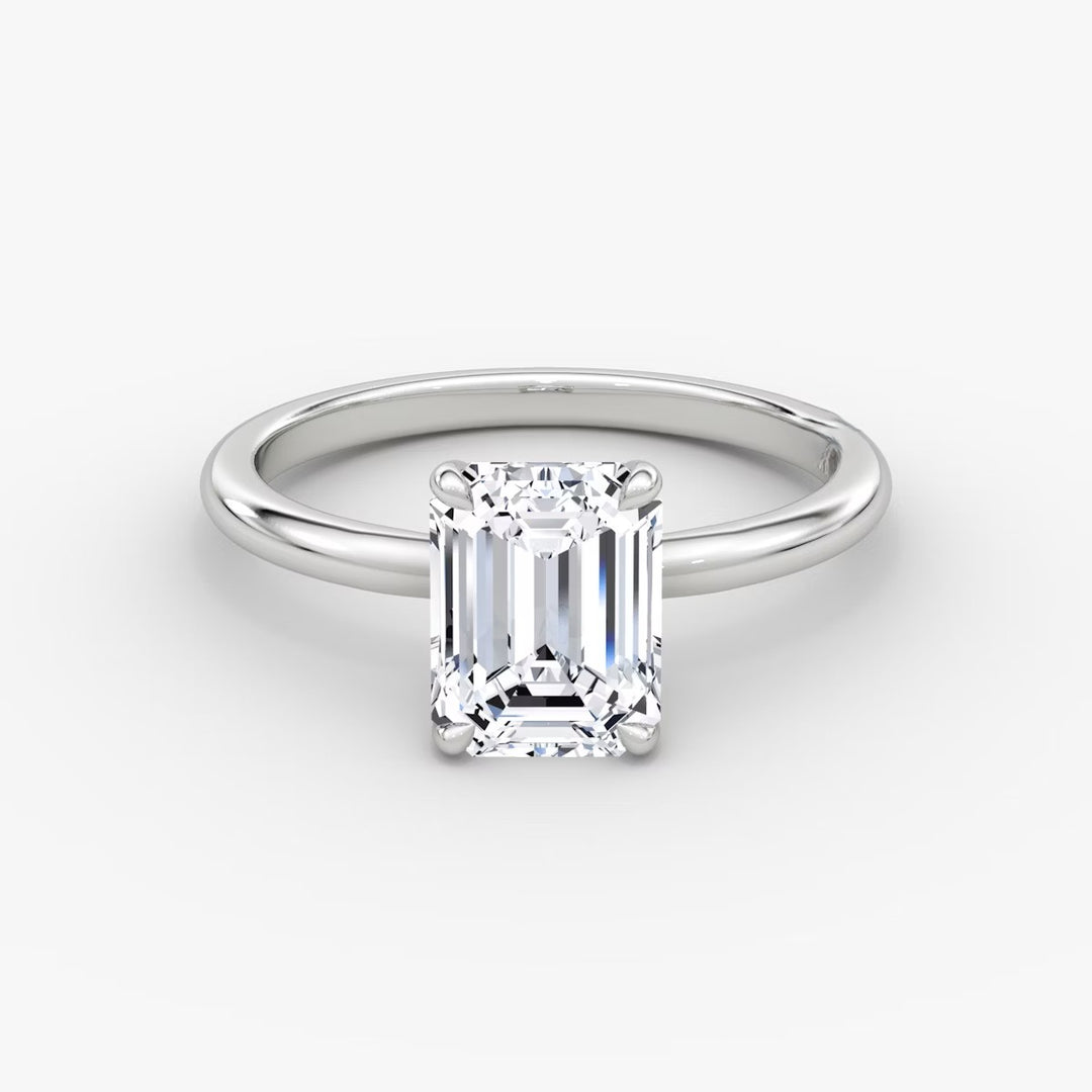 Emerald Cut - Plain Band - Classic Engagement Ring- 14 K Gold