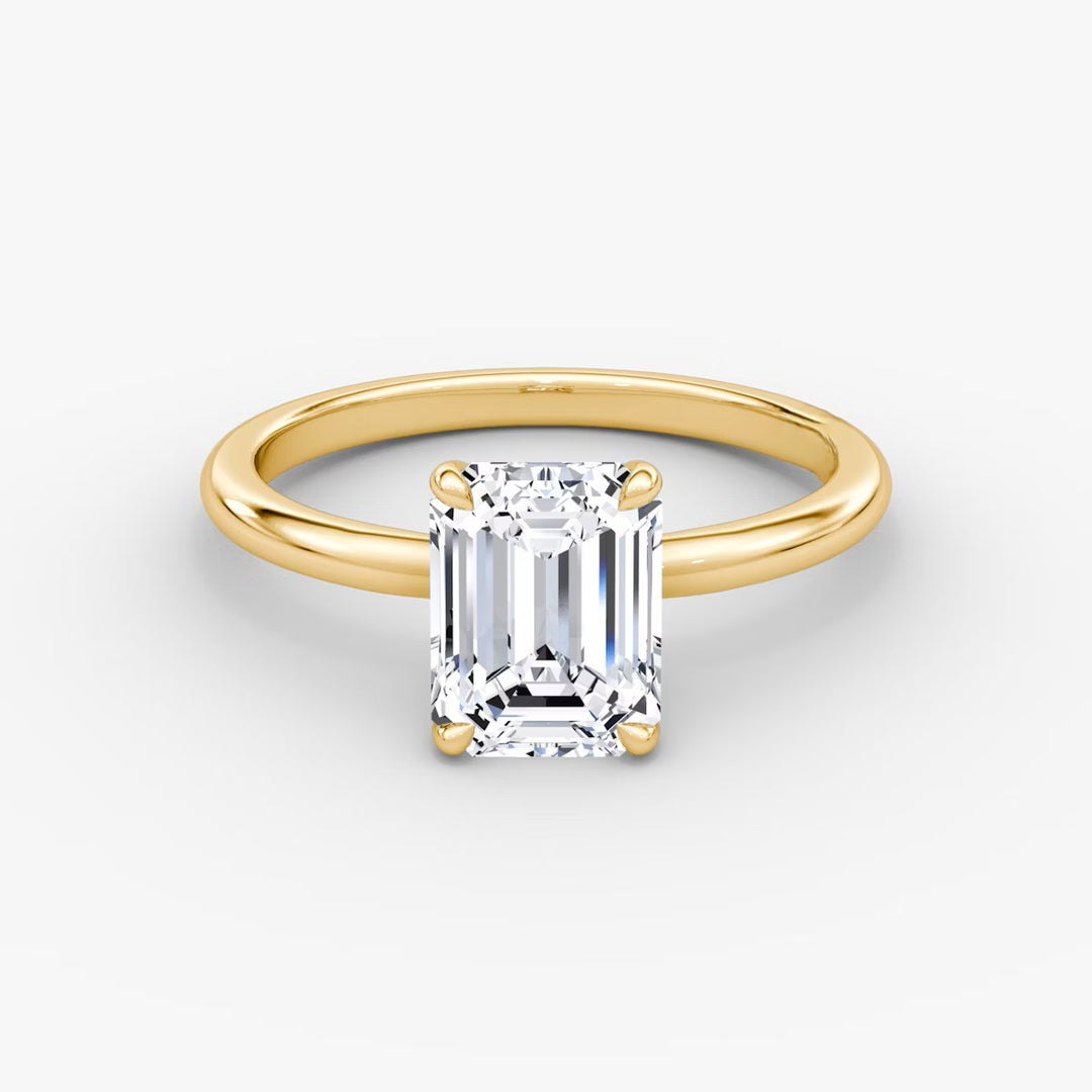 Emerald Cut - Plain Band - Classic Engagement Ring- 14 K Gold