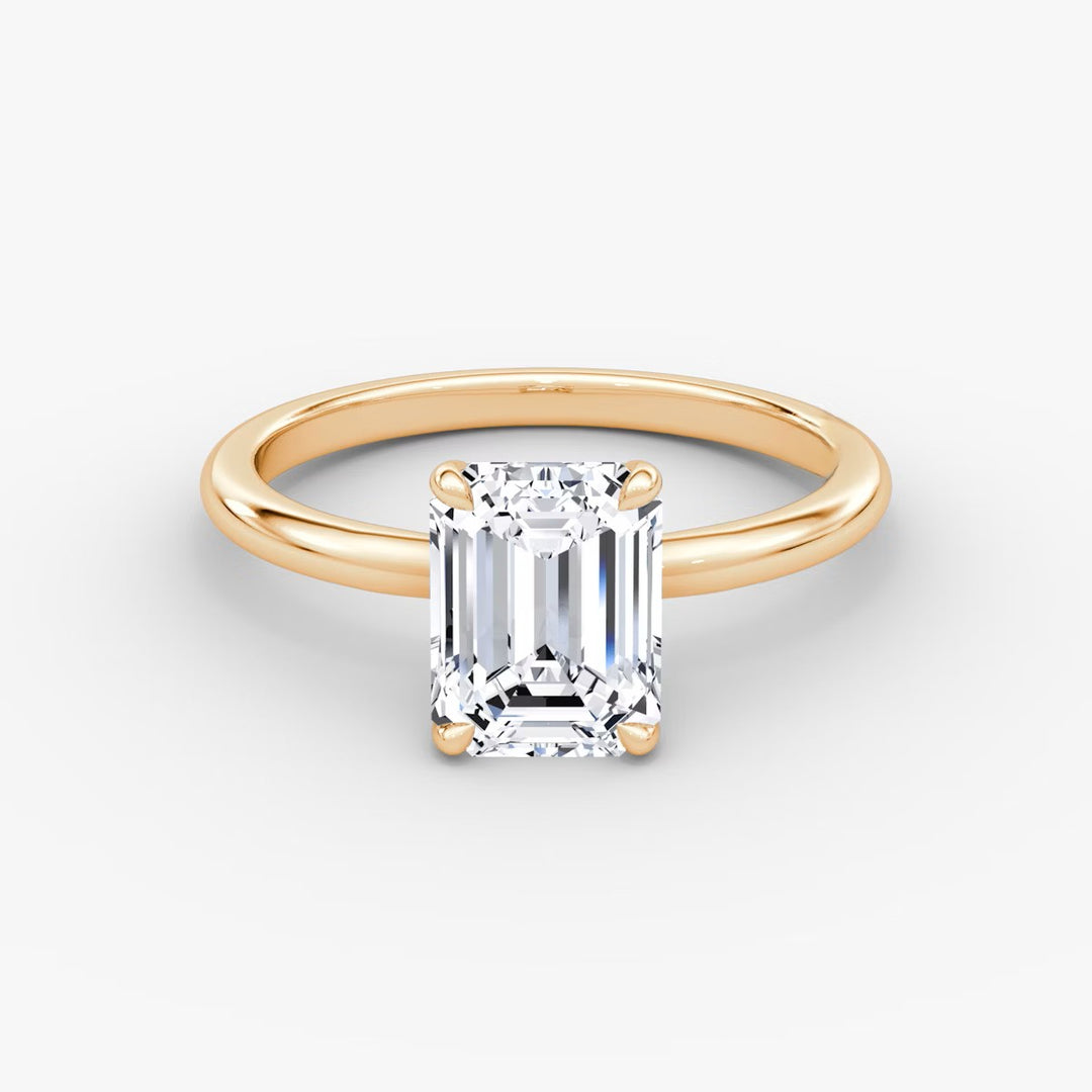 Emerald Cut - Plain Band - Classic Engagement Ring- 14 K Gold