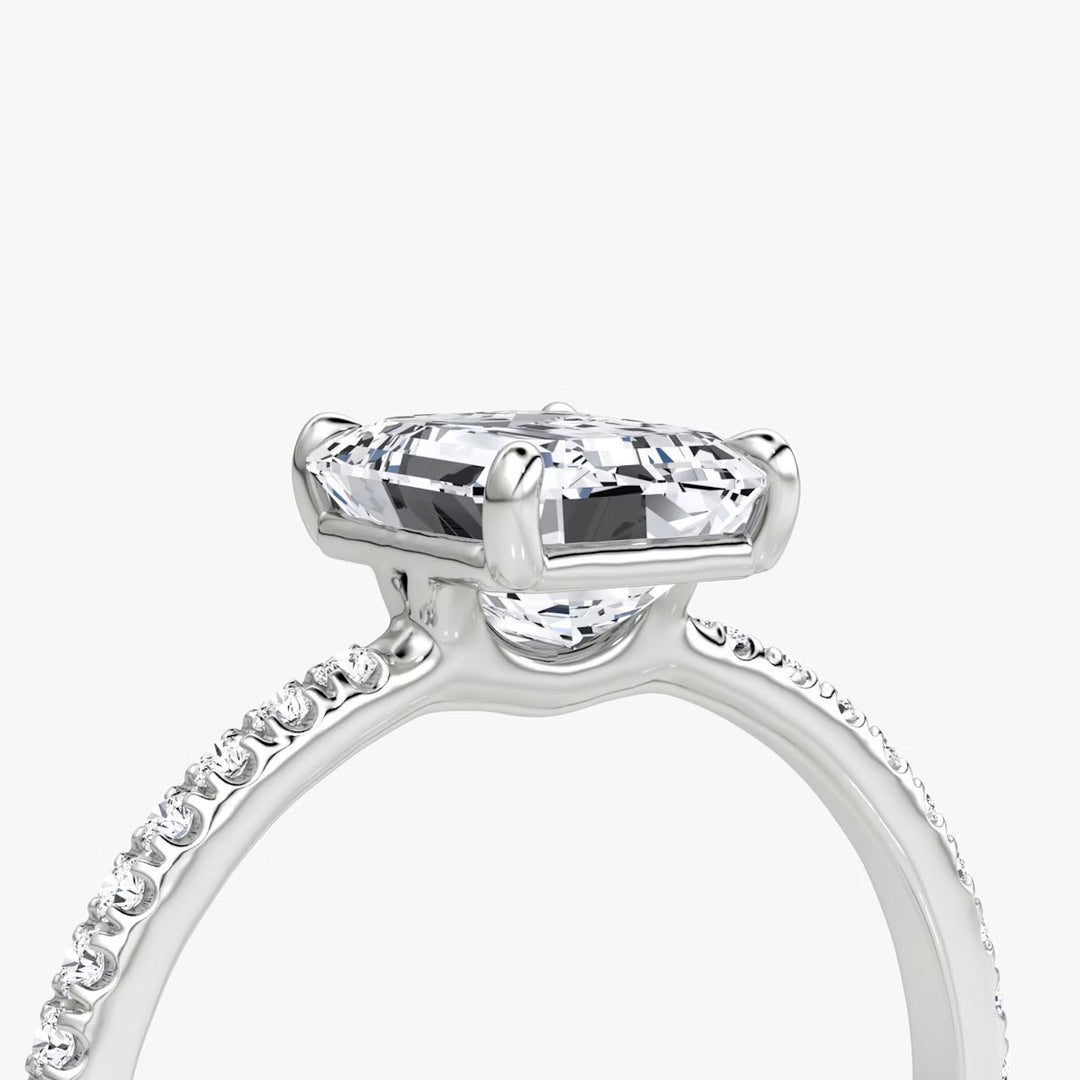 Emerald Cut - Pave Band - Classic Engagement Ring- 14 K Gold