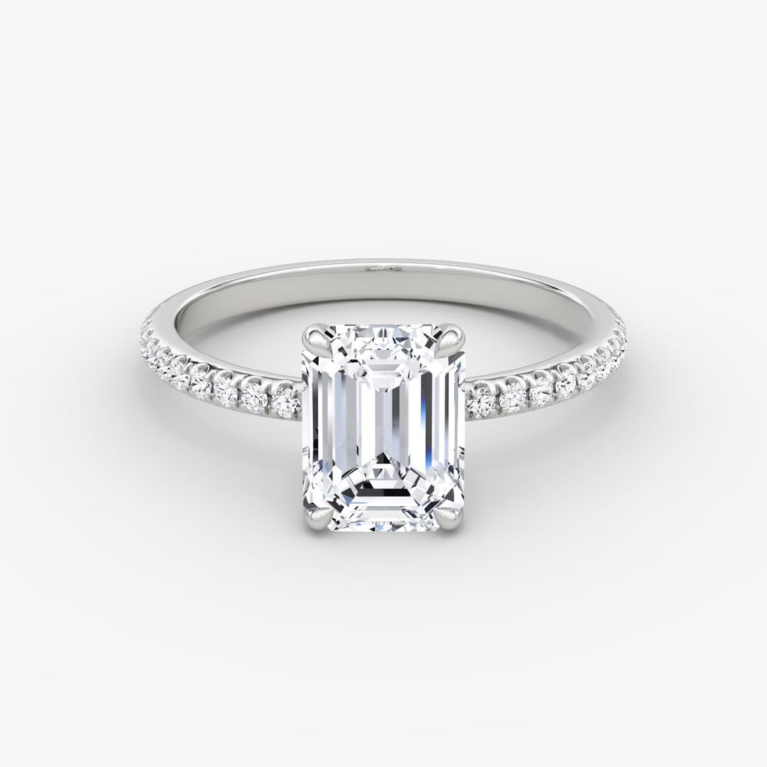Emerald Cut - Pave Band - Classic Engagement Ring- 14 K Gold