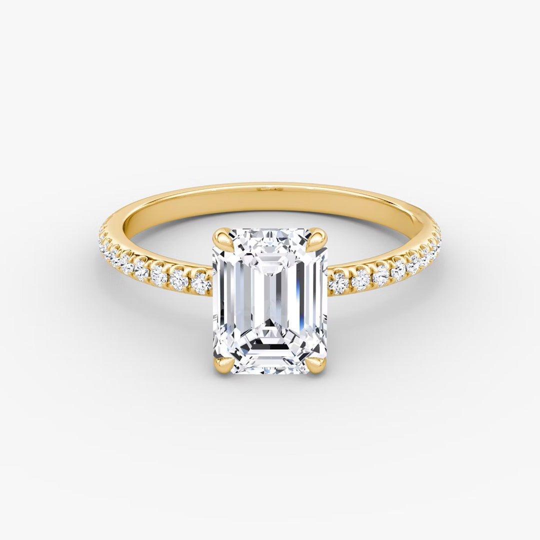 Emerald Cut - Pave Band - Classic Engagement Ring- 14 K Gold