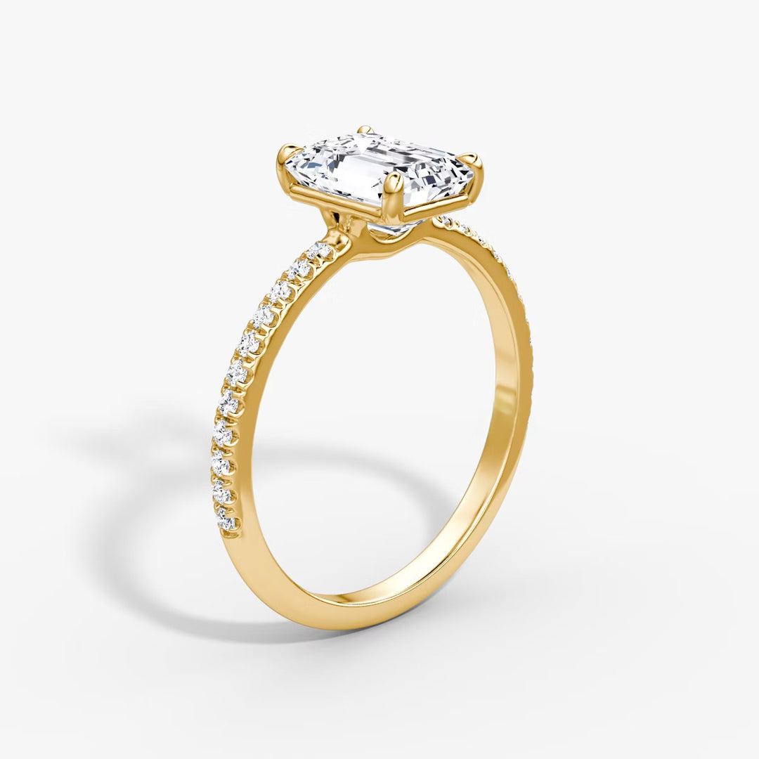 Emerald Cut - Pave Band - Classic Engagement Ring- 14 K Gold