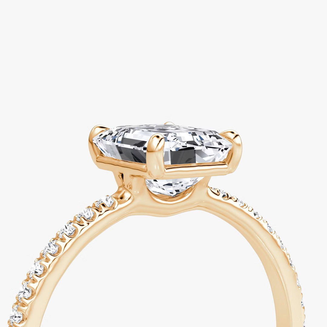 Emerald Cut - Pave Band - Classic Engagement Ring- 14 K Gold