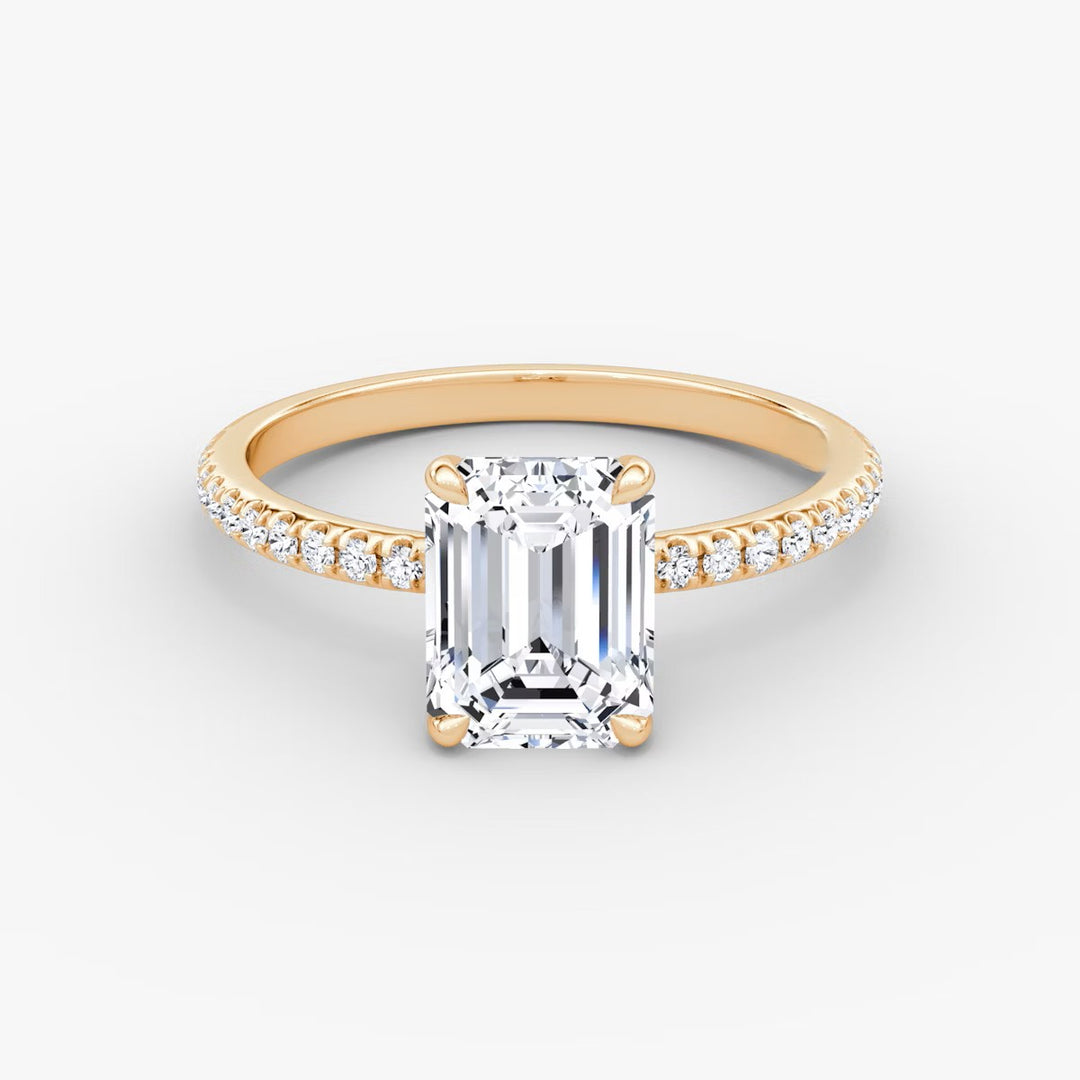 Emerald Cut - Pave Band - Classic Engagement Ring- 14 K Gold