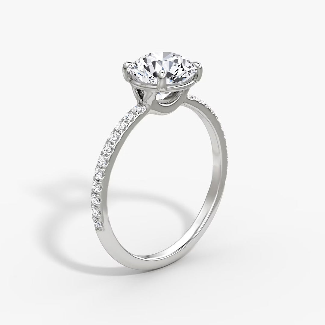 Round Cut - Pave Band - Classic Engagement Ring- 18 K Gold