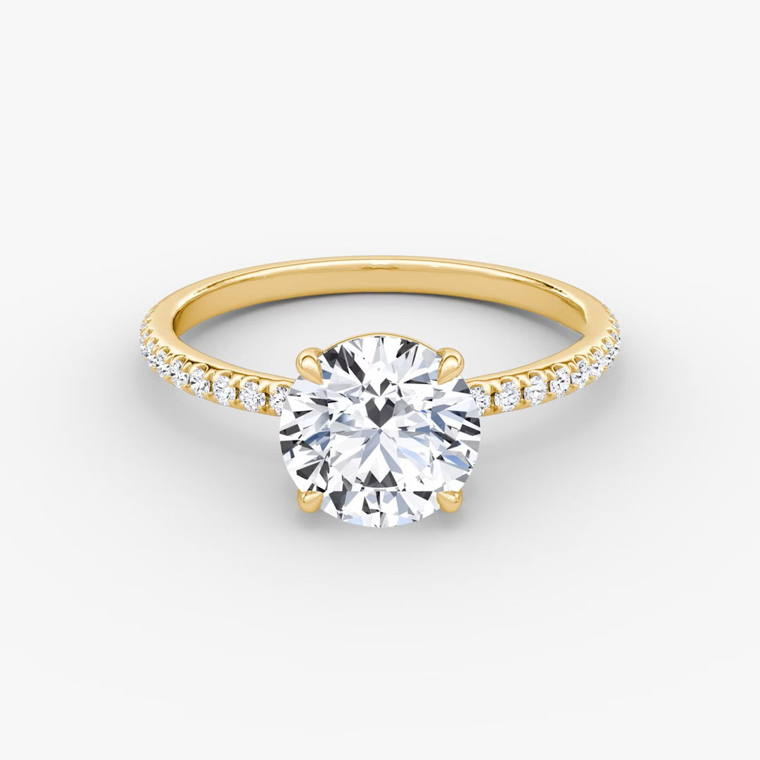 Round Cut - Pave Band - Classic Engagement Ring- 18 K Gold