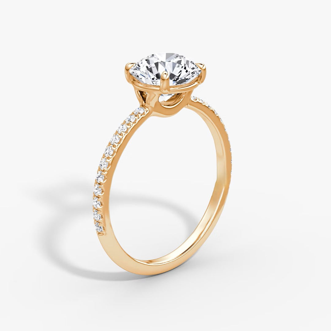 Round Cut - Pave Band - Classic Engagement Ring- 18 K Gold