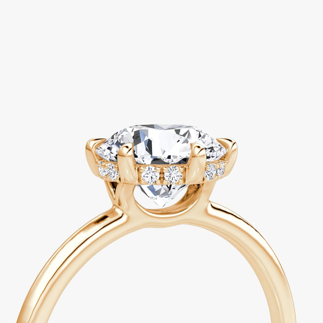 Round Cut - Plain Band Hidden Halo - Classic Engagement Ring- 14 K Gold