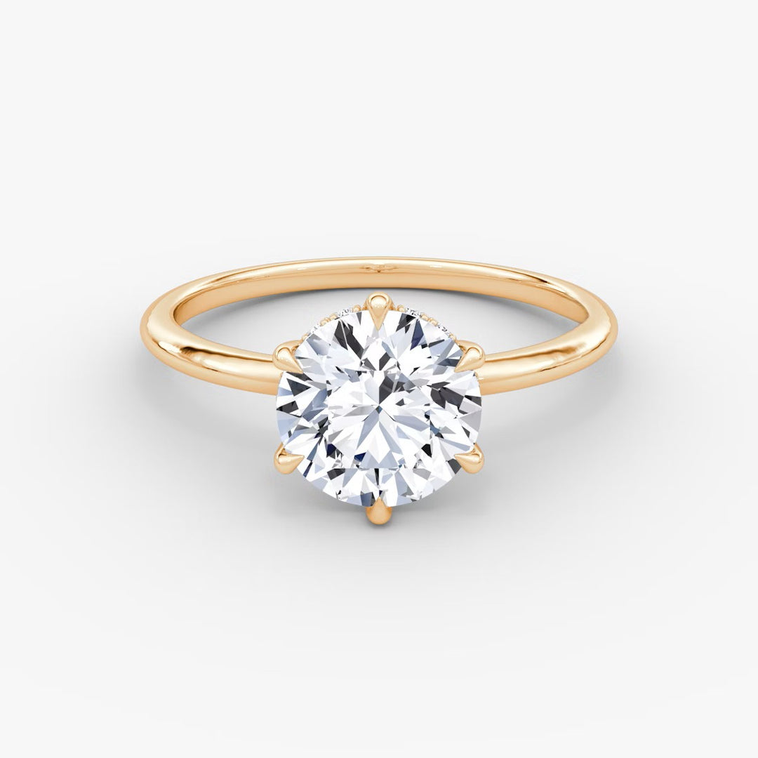 Round Cut - Plain Band Hidden Halo - Classic Engagement Ring- 14 K Gold