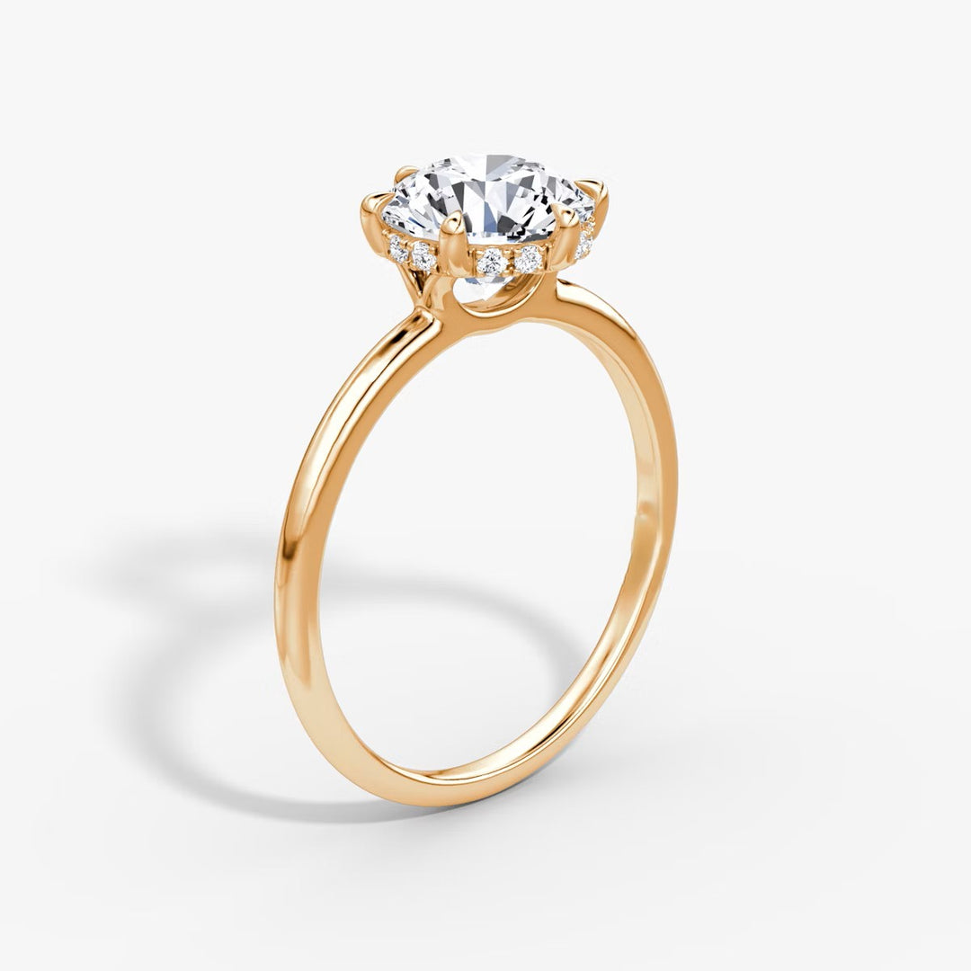 Round Cut - Plain Band Hidden Halo - Classic Engagement Ring- 14 K Gold