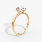 Round Cut - Plain Band Hidden Halo - Classic Engagement Ring- 14 K Gold