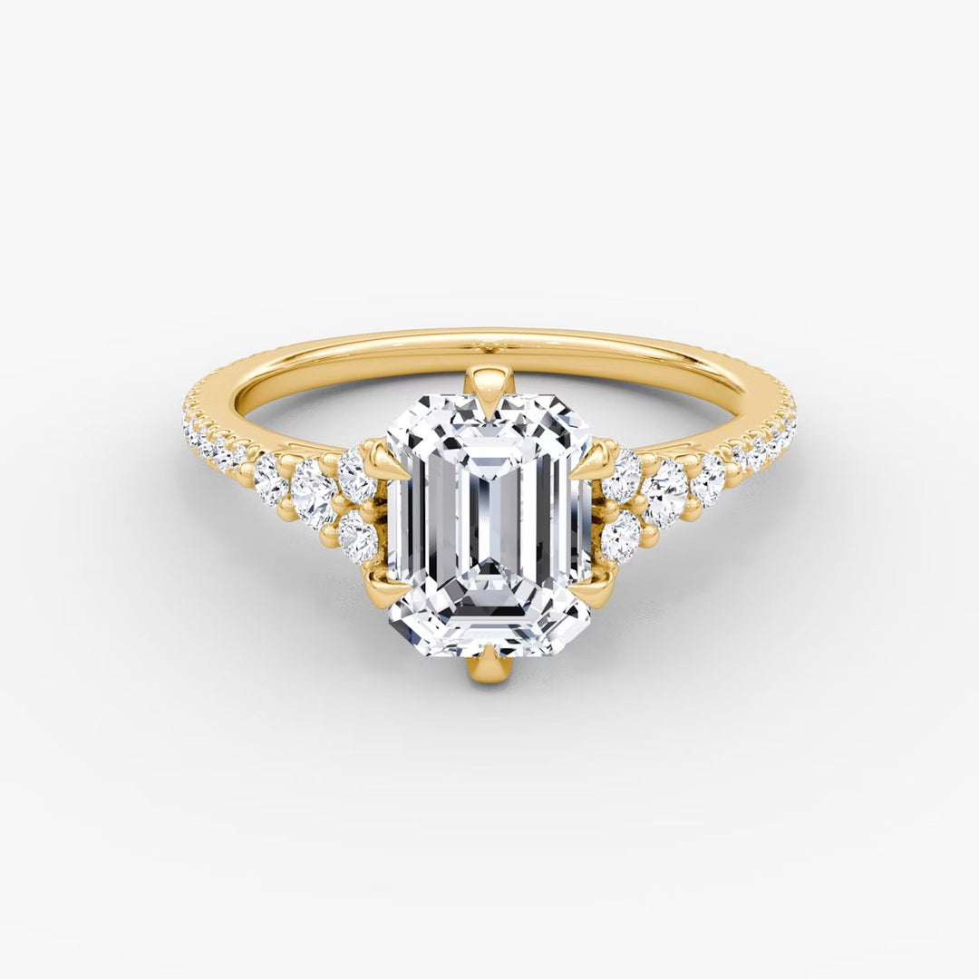 Emerald Cut - Pave Band - Cluster Ring - 14 K Gold