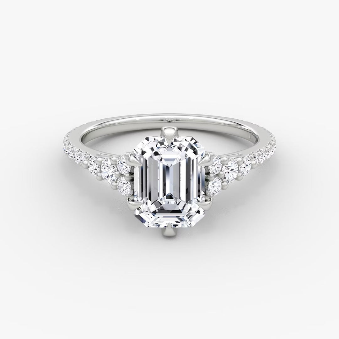 Emerald Cut - Pave Band - Cluster Ring - 18 K Gold