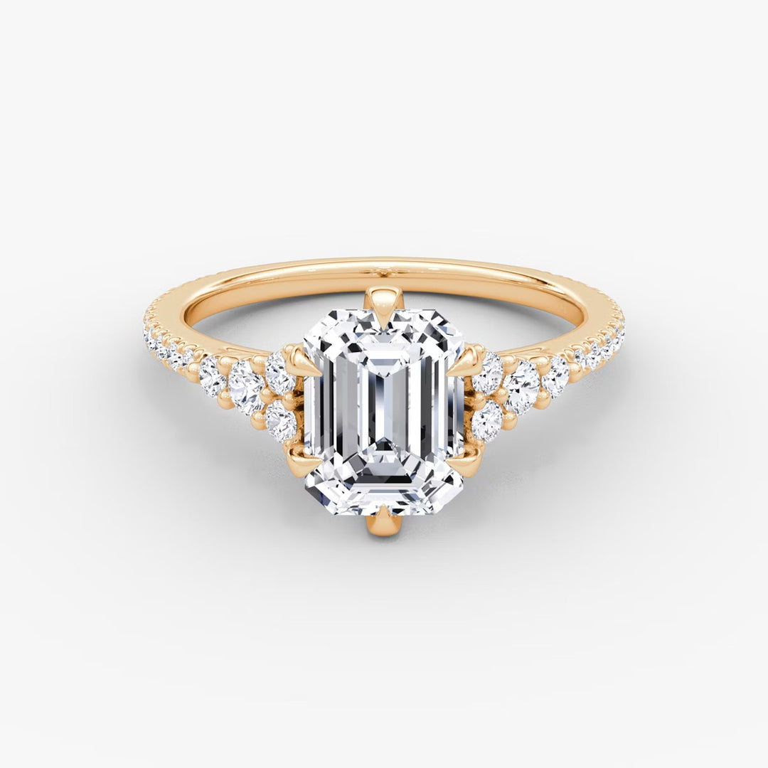 Emerald Cut - Pave Band - Cluster Ring - 14 K Gold