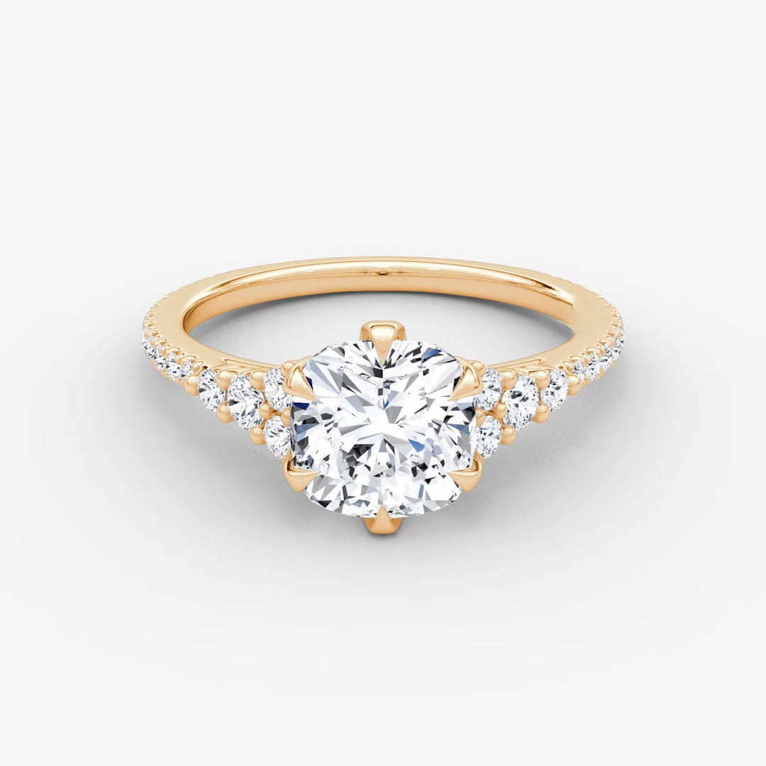 Cushion Cut - Pave Band - Cluster Ring - 14 K Gold