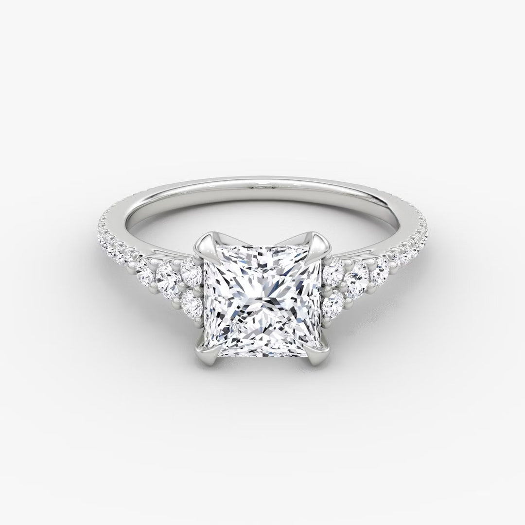 Princess Cut - Pave Band - Cluster Ring - 14 K Gold