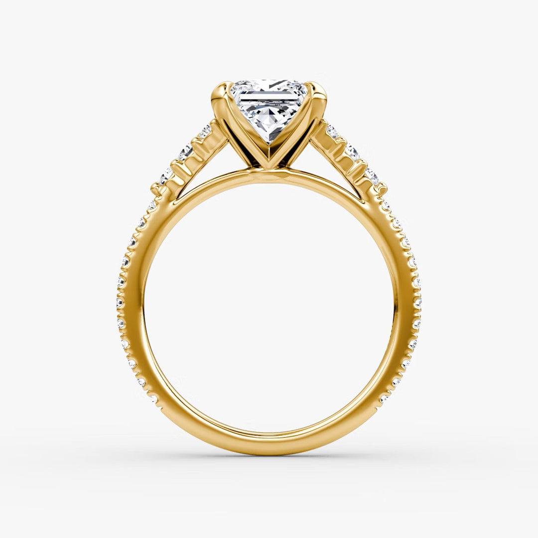 Princess Cut - Pave Band - Cluster Ring - 14 K Gold