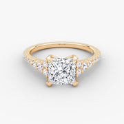 Princess Cut - Pave Band - Cluster Ring - 18 K Gold