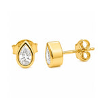 Load image into Gallery viewer, Pear cut lab grown diamond bezel stud earrings in yellow gold vermeil, front and side view