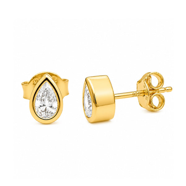 Pear cut lab grown diamond bezel stud earrings in yellow gold vermeil, front and side view