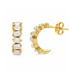 Load image into Gallery viewer, Half hoop earrings lined with baguette lab grown diamonds in yellow gold vermeil