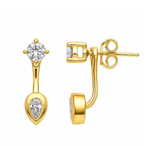 Ear jacket earrings with round lab grown diamond stud and bezel-set pear diamond in gold vermeil
