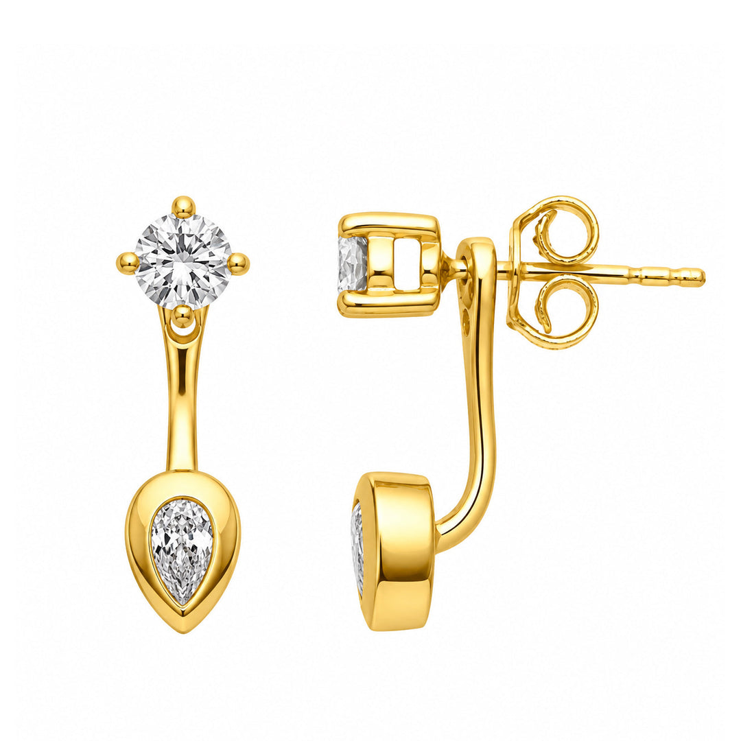 Ear jacket earrings with round lab grown diamond stud and bezel-set pear diamond in gold vermeil