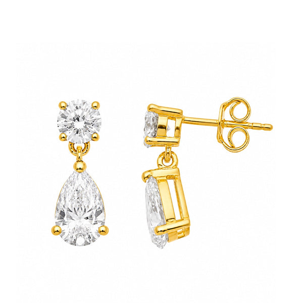 Statement drop earrings with round and pear cut lab grown diamonds in gold vermeil
