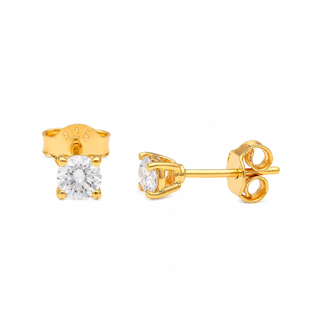 Four-prong round solitaire lab grown diamond stud earrings in gold vermeil