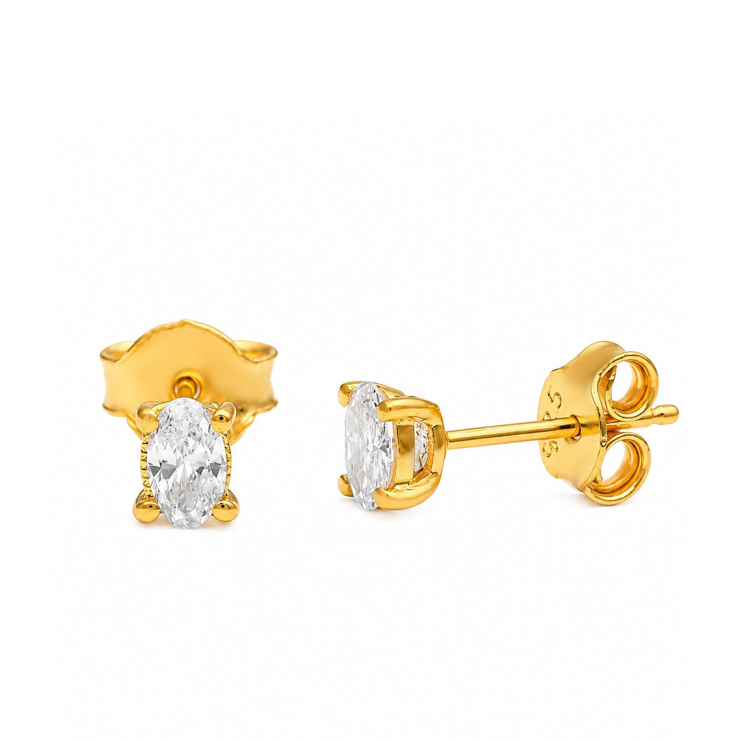 Oval cut lab grown diamond stud earrings in gold vermeil, front and side view