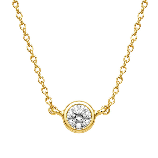 Round lab grown diamond bezel station necklace on a gold vermeil cable chain
