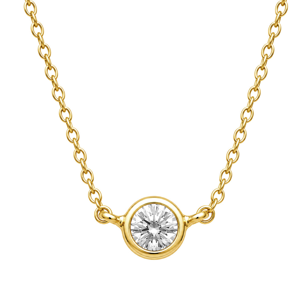 Round lab grown diamond bezel station necklace on a gold vermeil cable chain