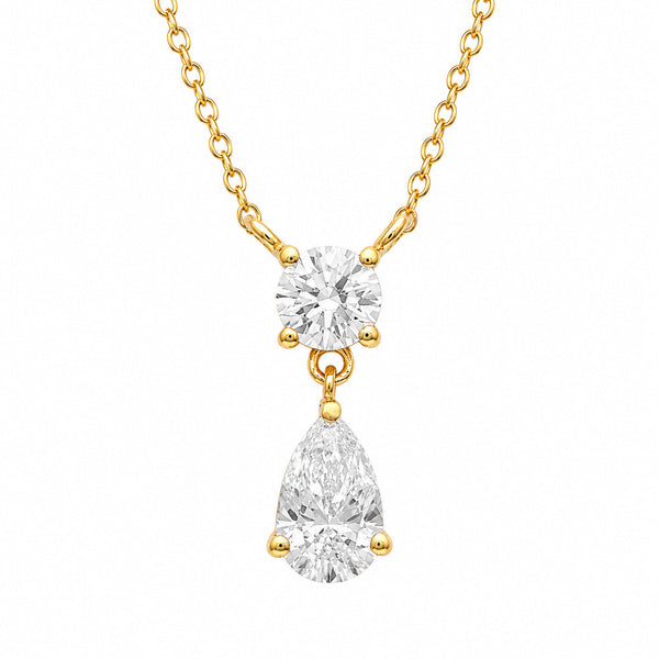 Round and pear cut lab grown diamond drop pendant necklace in yellow gold vermeil