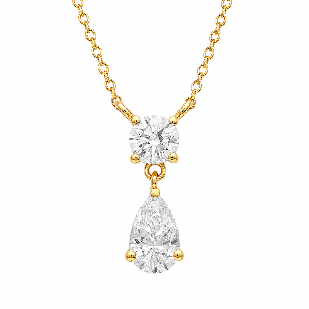 Round and pear cut lab grown diamond drop pendant necklace in yellow gold vermeil