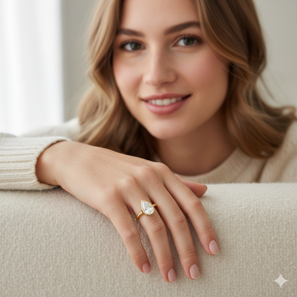 Pear Cut - Bezel Ring - 14 K Gold