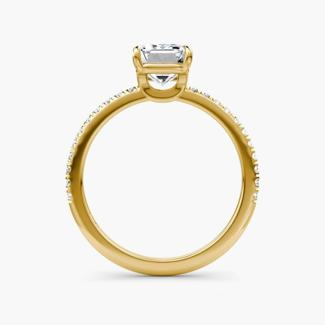 Emerald Cut - Pave Band - Classic Engagement Ring- 14 K Gold