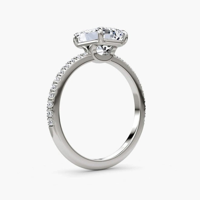 Emerald Cut - Pave Band - Classic Engagement Ring- 14 K Gold