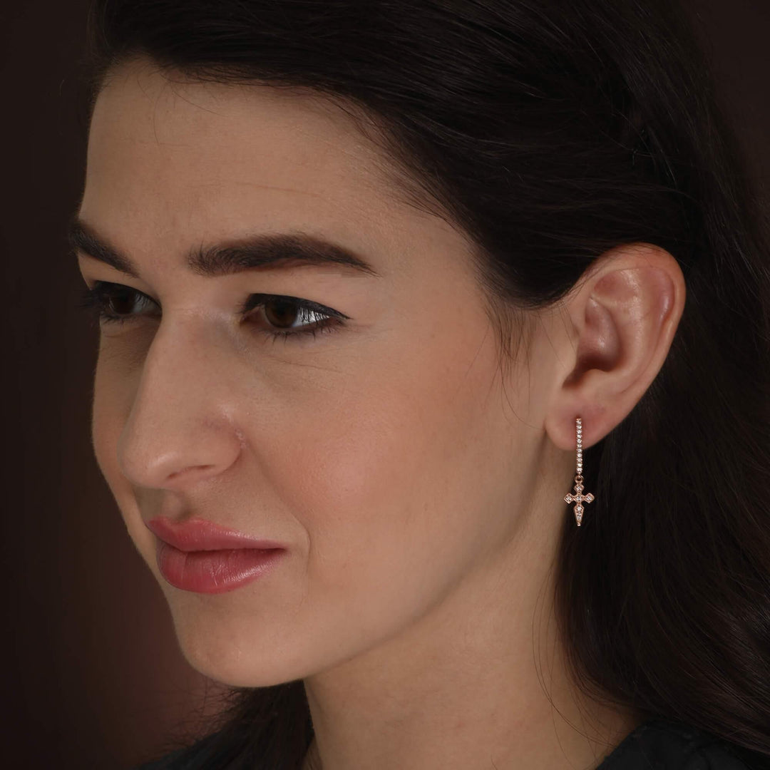 Dionysia Silver Diamond Cross Dangler Earrings
